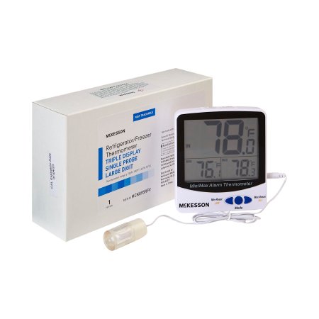Digital Refrigerator / Freezer Thermometer with Alarm McKesson Fahrenheit / Celsius -58? to +158?F (-50? to +70?C) Glycol Bottle Probe / Internal Sensor Multiple Mounting Options Battery Operated
