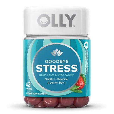 Dietary Supplement OLLY? Goodbye Stress? GABA / L-Theanine / Lemon Balm Extract 100 mg - 50 mg - 75 mg Strength Gummy 42 per Bottle Berry Verbena Flavor