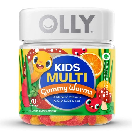 Dietary Supplement OLLY? Kids Multi Gummy Worms Vitamin A / B6 / B12 / C / D / E / Zinc 150 mcg - 0.5 mg - 1.2 mcg - 15 mg - 10 mcg - 3.75 mg - 0.75 mg Strength Gummy 70 per Bottle Sour Fruity Punch Flavor